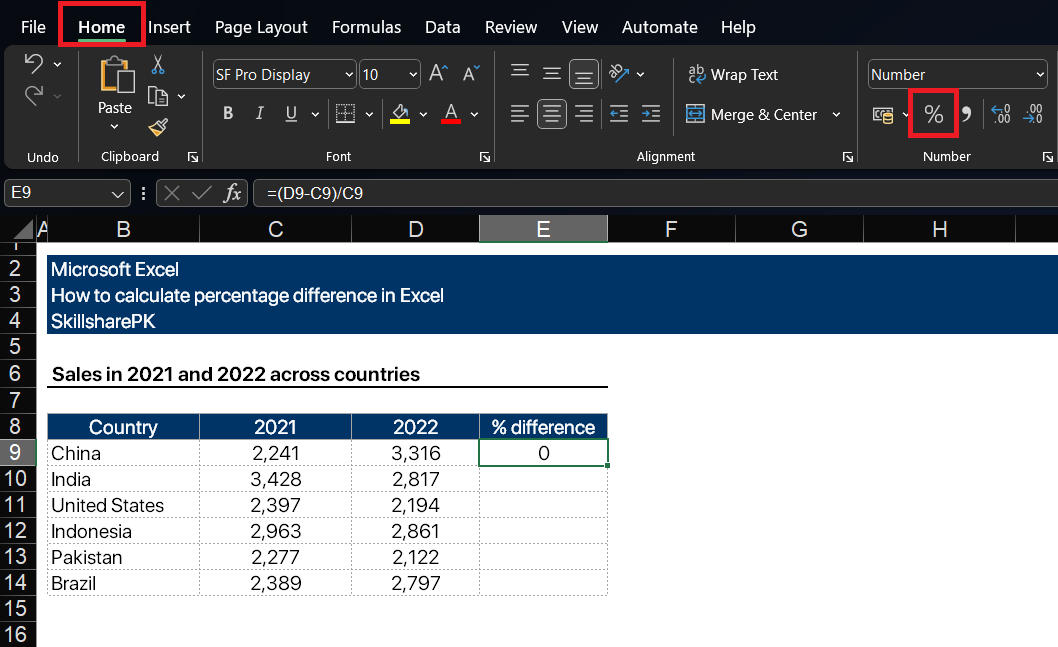 Calculate percentage difference in Excel