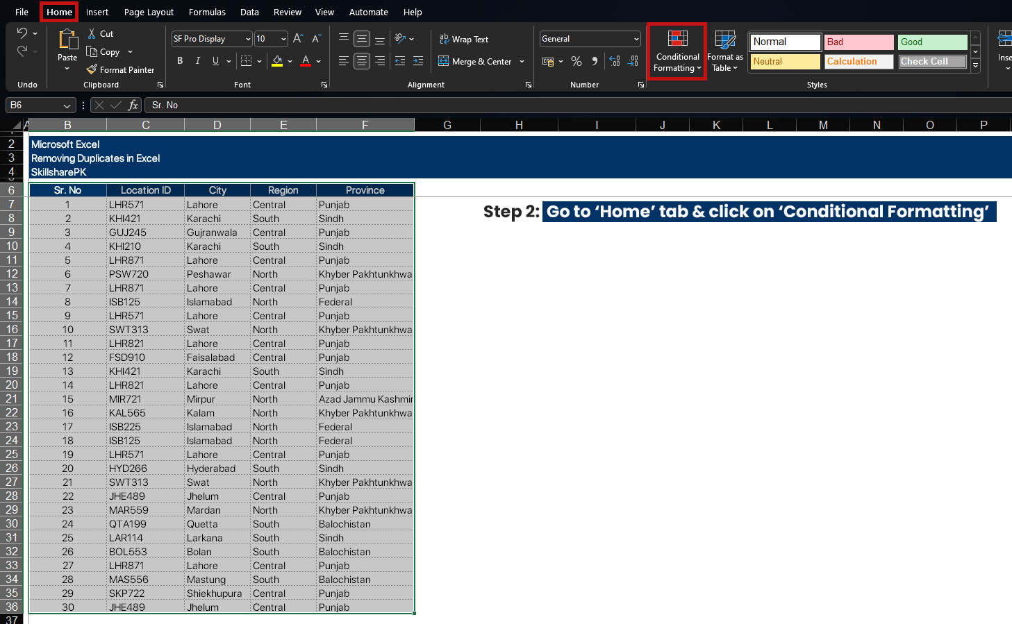 Removing duplicates using conditional formatting