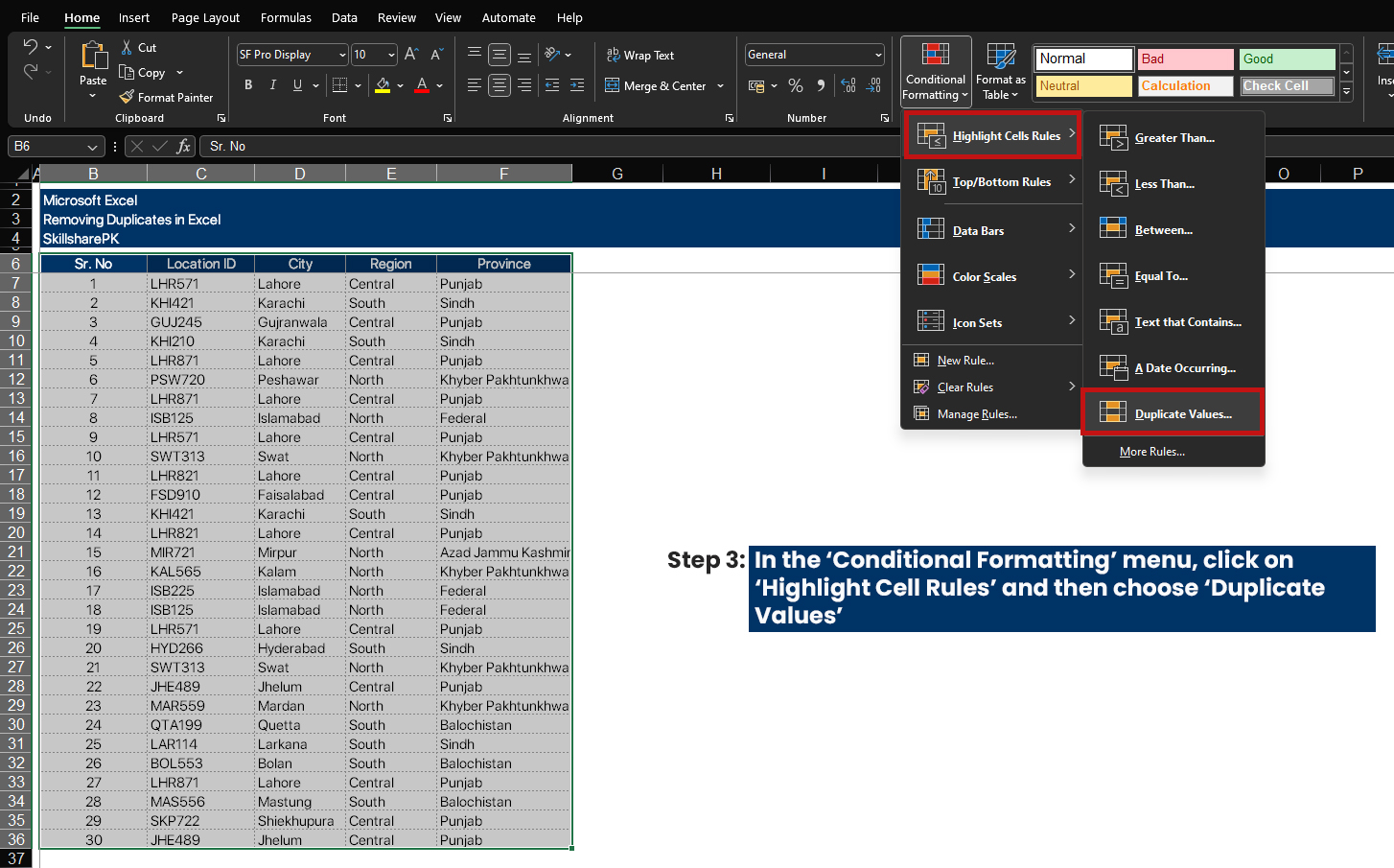 Removing duplicates using conditional formatting