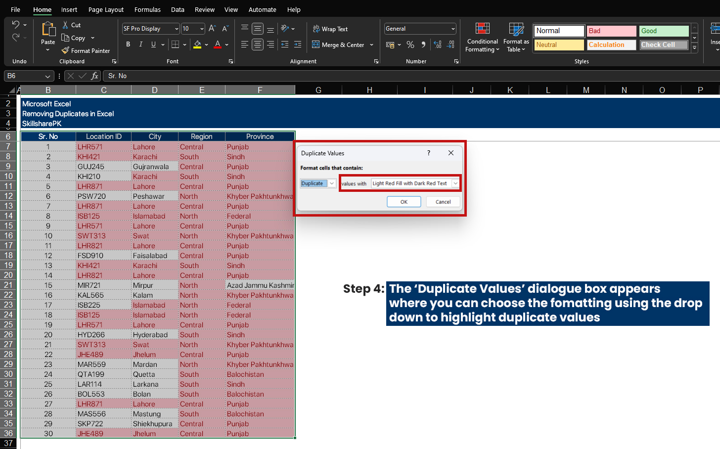 Removing duplicates through conditional formatting